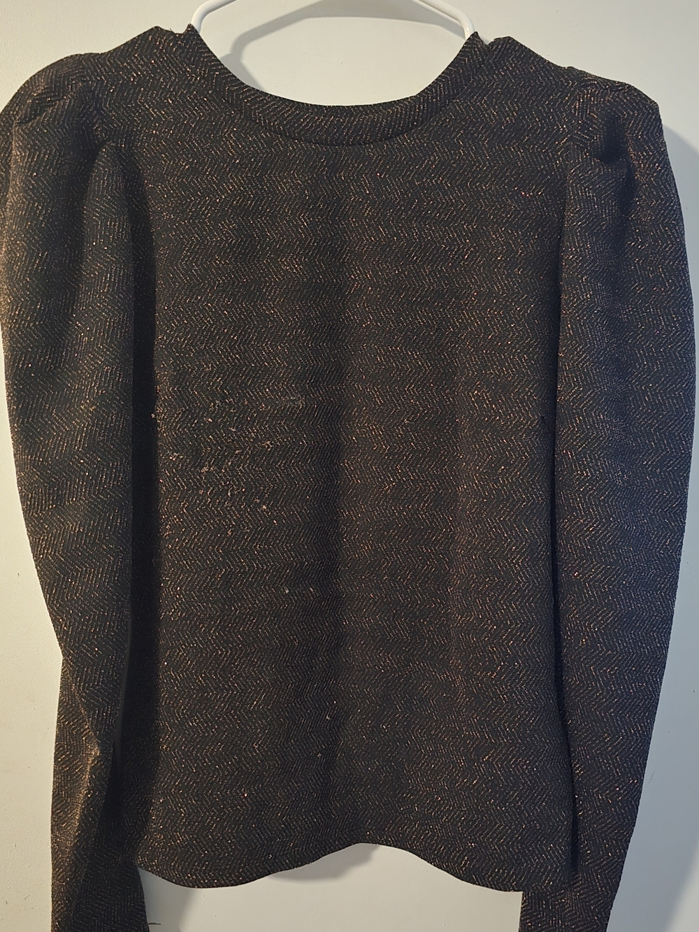 Haute Monde Black Tweed Crewneck Puff Sleeve Blouse with Subtle Copper Fleck